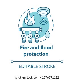Fire and flood protection turquoise concept icon. Smart house idea thin line illustration. Innovative technology for apartment. Smoke detectors. Vector isolated outline drawing. Editable stroke