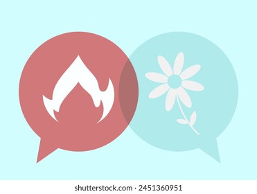 Fire and Flower speech bubble sign. Problem resolve control. Metaphor mind mental. Split personality. Concept Psychology. Dual personality mind. Mental health.