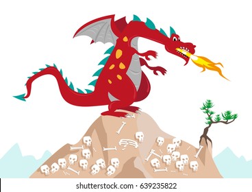 A Fire and Flying Dragon breathes fire in his territory filled with human remains. Editable Clip Art.