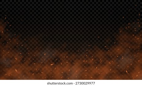 feuerfliegende Partikel mit orangefarbenem und weißem Rauch auf transparentem Hintergrund