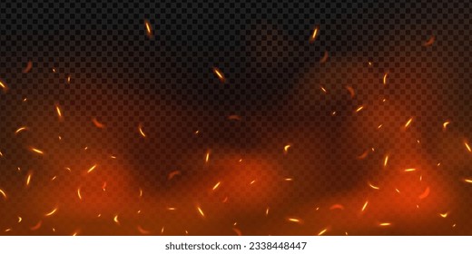 Fire flying sparks background. Vector realistic heat effect of flame in bonfire, isolated on transparent background.