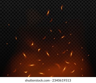 Fire flying sparks background. Vector realistic heat effect of flame in bonfire, isolated on transparent background.