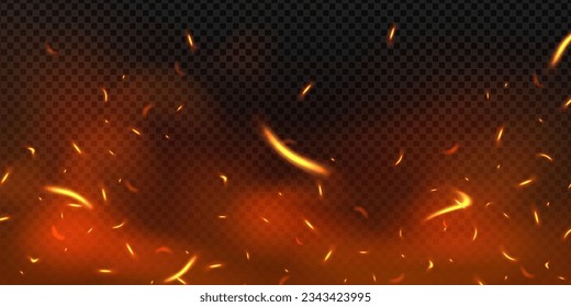 El vuelo de fuego choca con el fondo. Efecto de calor vectorial realista de la llama en la hoguera, aislado sobre fondo transparente.