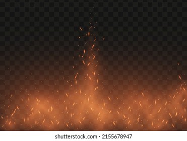 Fire flying sparks on background. Realistic fire, smoke, and sparks. Vector illustration.