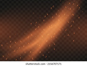 El vuelo de fuego chispa sobre el fondo. Fuego, humo y chispas realistas. Ilustración vectorial.