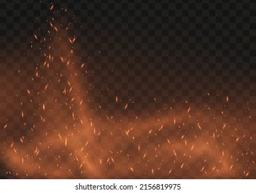 Fire flying sparks on background. Realistic fire, smoke, and sparks. Vector illustration.