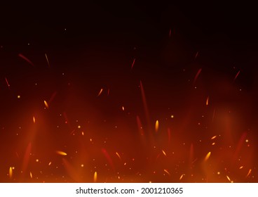 Fire flying sparks. Vector horizontal illustration of red fire flames, smoke, light and sparks in the air. Firestorm texture. Burning glowing particles. Realistic heat effect of flame in bonfire.