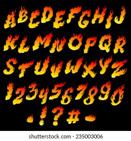 Fire font. Fiery alphabet and numbers on a black background.