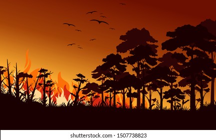 Fire in forest flat vector illustration. Birds flying over fire flame. Wildfire landscape, wildland. Natural ecology disaster. Burning trees and blaze wood at night. Flaming woodland.