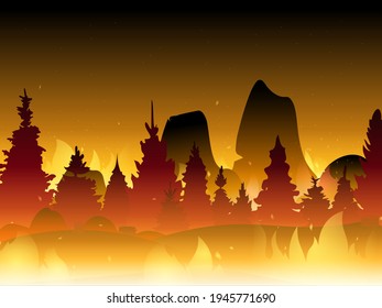 Fire in forest flat vector illustration. Wildfire background. Burning forest vector horizontal banner.