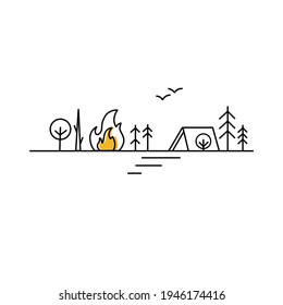 Fire in the forest. Line art concept. Camping  Outdoor Hiking Rest in the natura. Be careful with bonfire. Natural disaster. Vector illustration on white background