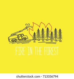 Fire in the forest, fire truck extinguishes fire