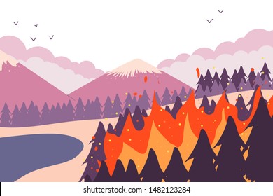 Fire forest vector cartoon landscape illustration.