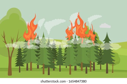 Feu dans la forêt, illustration vectorielle à plat isolée sur fond blanc. Catastrophe naturelle, flamme de forêt brûlante, cataclysme, catastrophe et crise. Concept du réchauffement climatique.