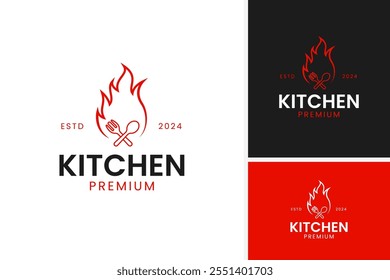 Fire with fork and spoon logo design for food vector concept template illustration