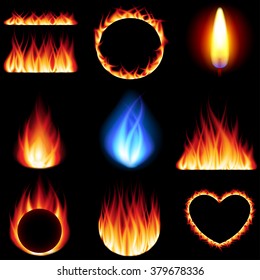 Fire forms icons detailed photo realistic vector set