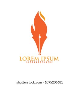 Fire fountain pen on fire. Hot pen logo design vector illustration on white background