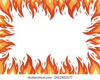 Borde de marco de fuego. Llamas ardientes brillantes, fuego salvaje caliente, hoguera roja caliente. Marco ardiente dibujado a mano aislado en blanco. Marco de quema de dibujos animados de estilo plano de moda. Ilustración vectorial