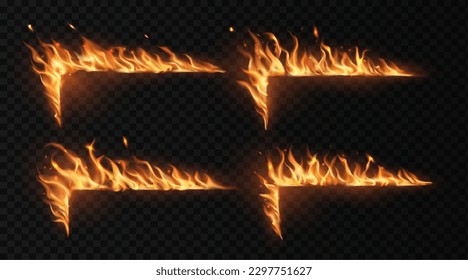 Fire frame corners. Campfire hot flame, bonfire or burning fireplace fire, wildfire or explosion flaming blaze vector banners. Invitation or greeting card frame with fiery and hot borders