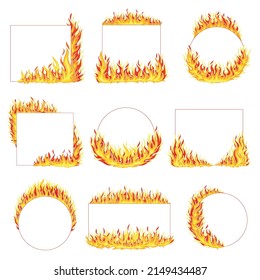 Fire Frame with Hot Burning Tongue of Flame and Shaped Border Vector Set