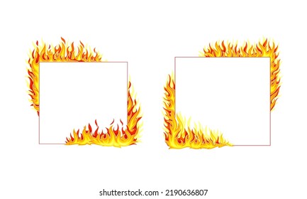 Fire Frame with Hot Burning Tongue of Flame and Border Line Vector Set