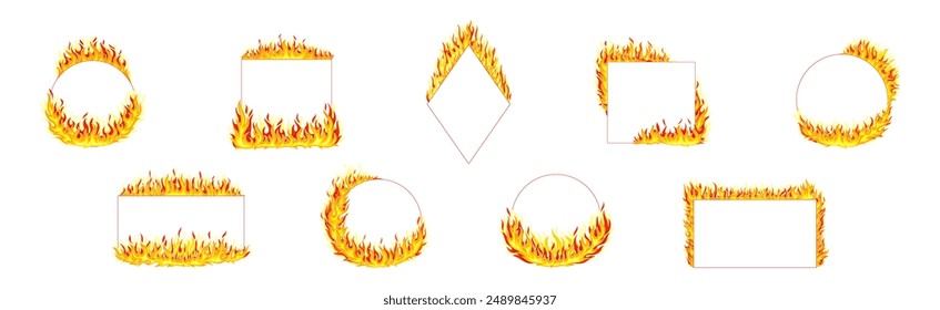 Fire Frame with Hot Burning Tongue of Flame and Shaped Border Vector Set