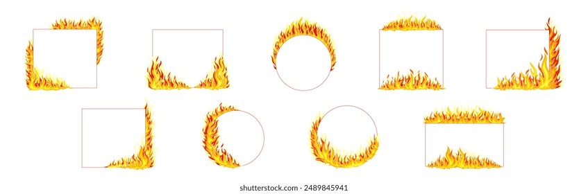 Fire Frame with Hot Burning Tongue of Flame and Shaped Border Vector Set