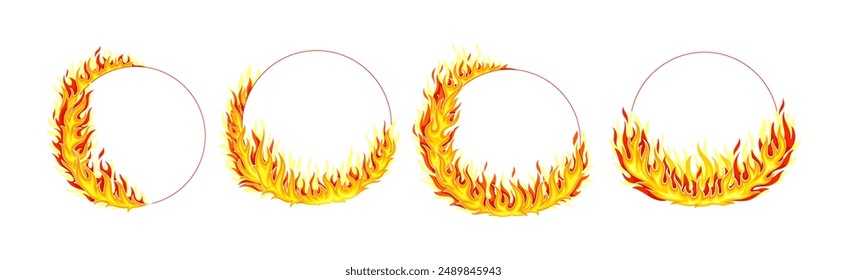 Fire Frame with Hot Burning Tongue of Flame and Shaped Border Vector Set