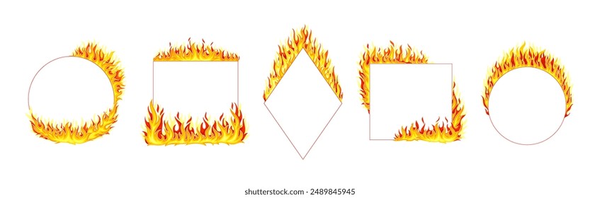 Fire Frame with Hot Burning Tongue of Flame and Shaped Border Vector Set