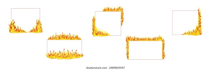 Fire Frame with Hot Burning Tongue of Flame and Shaped Border Vector Set