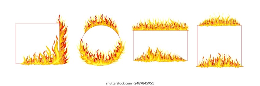 Feuerrahmen mit heißer brennender Zunge der Flamme und geformter Rand Vektorgrafik Set