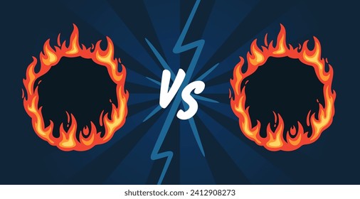 Feuerrahmen gegen Banner. Sport-Challenge Blitze VS, Konfrontationskonzept, Wettkampfspiel-Comic Hintergrund Vektorgrafik. Wettbewerb bei Duell- oder Wettkämpfen, Brennrahmen
