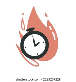 Fire in front of the clock, the passage of time, the deadline. Fire, lack of time, haste. Stress. Vector doodle cartoon style.