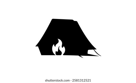 fire in front of tent, black isolated silhouette