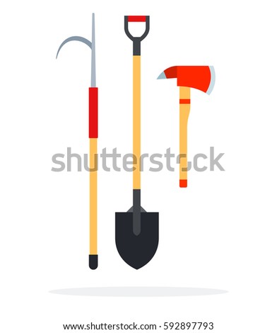 Fire gaff, shovel and an ax vector flat material design isolated on white
