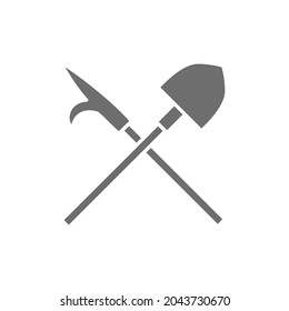 Fire gaff with shovel, firefighter equipment grey icon.