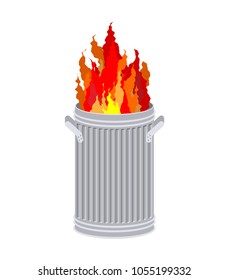 Fire In Garbage Can. Trash Can Burns.