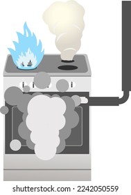 Fire with gas stove. It is dangerous to install gas equipment yourself. Rules for the use of gas in everyday life. Vector illustration.