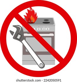 Fire with gas stove. Do not use a gas stove in a defective condition. It is forbidden to install gas equipment yourself. Vector illustration.