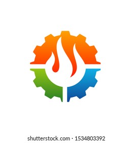 Fire with Gear logo Vector. Flame Logo Design Template. Icon Symbol