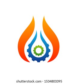 Fire with Gear logo Vector. Flame Logo Design Template. Icon Symbol