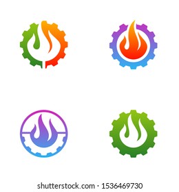 Fire with Gear logo Vector. Flame Logo Design Template. Icon Symbol