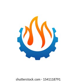 Fire with Gear logo Vector. Flame Logo Design Template. Icon Symbol