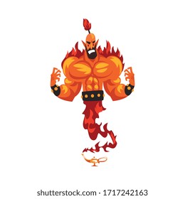 Fire Genie Coming Out Of Lamp, Oriental Arabian Fairy Tale Cartoon Character Vector Illustration