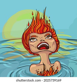 Fire girl drowns in water. Angry that she got into the water. Shouts. Sketch, vector cartoon woman.