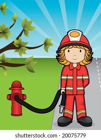 Fire Girl with hose and fire hydrant- vector