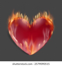 Fire Glass Heart 3D vector Isolated Love simbol. Valentine's Day of heart shape Fire Smoke effect. Steam transparent overlay. Bright flamy Realistic inferno fiery object, glowing flare.