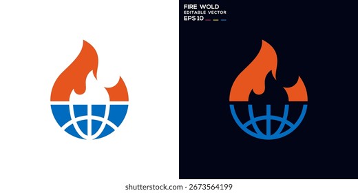 Logotipo del fuego y del globo terráqueo. Tierra, fuego, explosión, calor. Plantilla de ícono de Vector EPS 10.