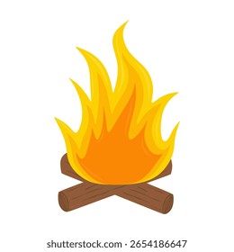 Fogo com chamas brilhantes e lenha em chamas. Fogueira flamejante em toras de madeira, lenha isolada em fundo branco. Fogueira, chama ao ar livre em estilo cartoon. Ilustração de vetor plano colorido