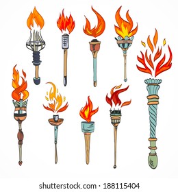 Fire glowing flame retro sketch torch icons set isolated vector illustration